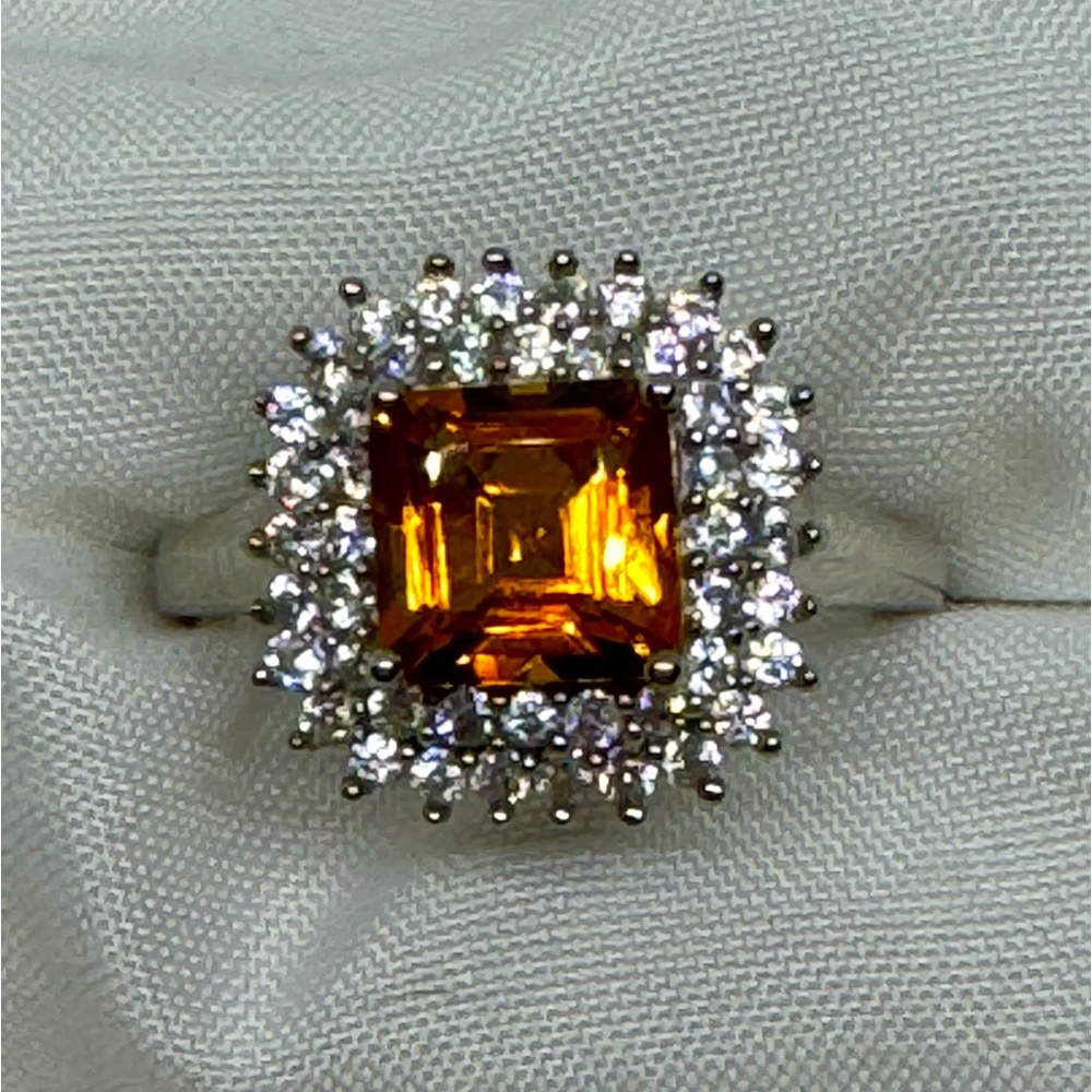 🌹Asscher Cut Madeira Citrine w/Zircons Ring Sz 7.